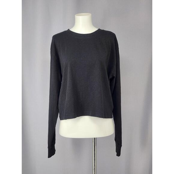 J Crew Shirt Womens Medium Black Cotton Long Sleeve Cropped Crewneck Mallcore - Picture 1 of 13